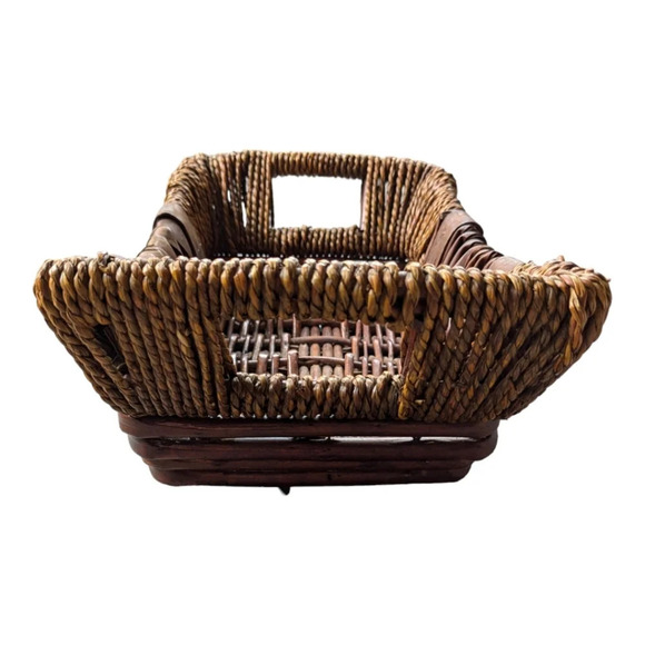 Wooden  Wicker Straw Wrapped Rectangular Basket - Picture 5 of 8